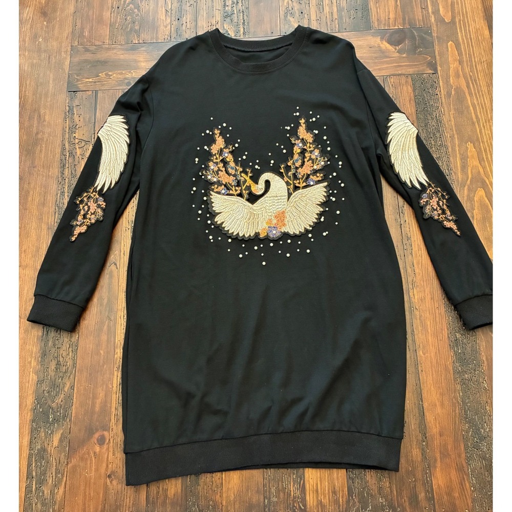 Sweater Dress Crane Pearl Embellished Hand Embroidered Women's XL Rare